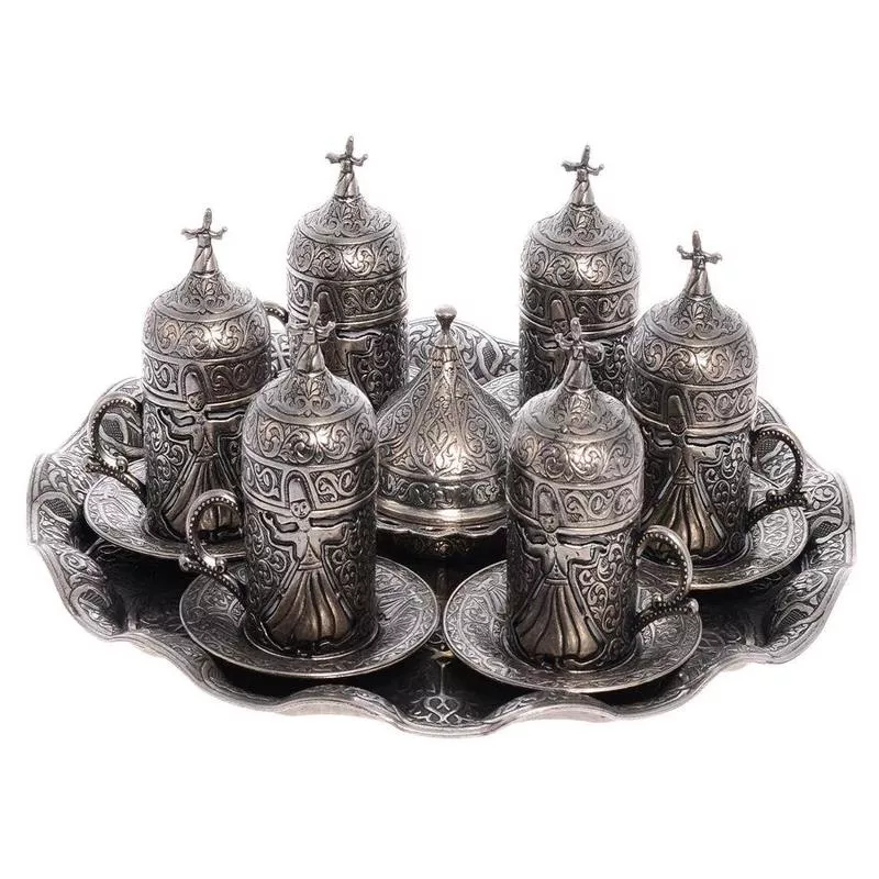 Acar | Turkish Coffee Set of SixWith Metal Tray And Candy Bowl – Whirling Dervish Design – Tinned