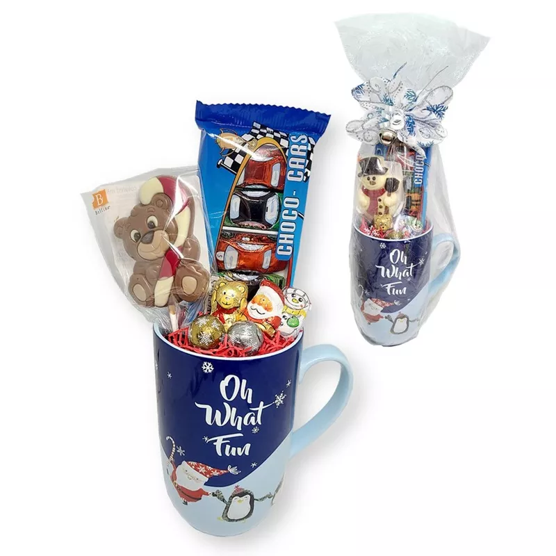 “Oh What Fun” Large Mug with Rieglein Choco Cars & Assorted Mini Foiled Chocolates and Chocolate Lollipop (8-Pc Gift Set)