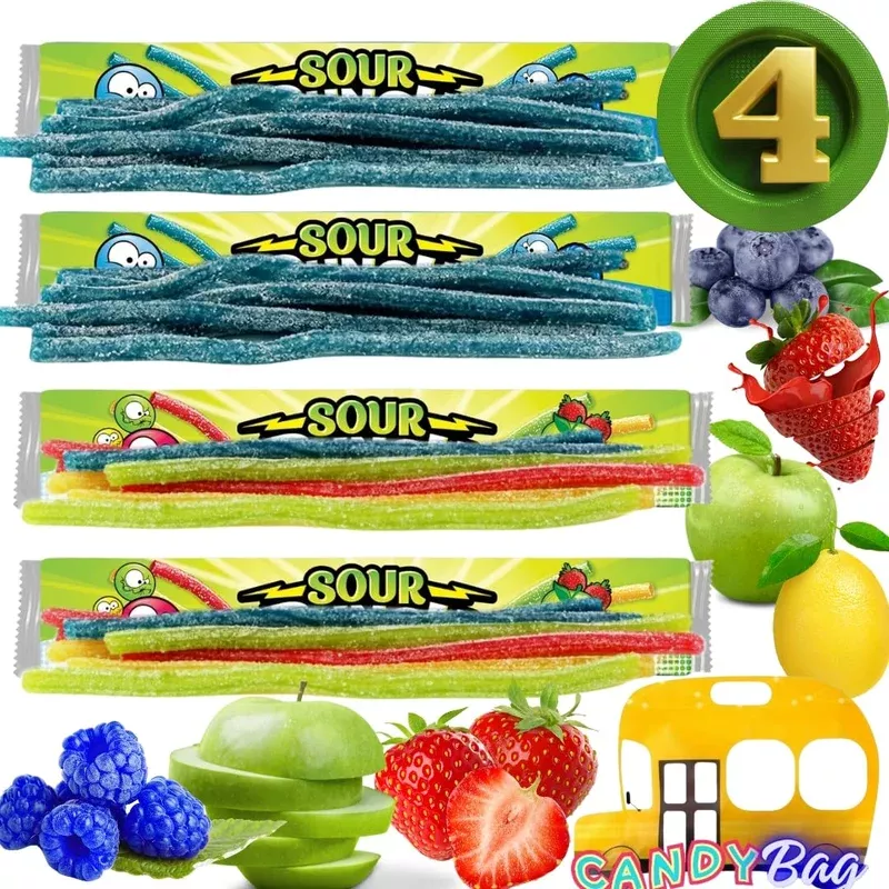 (Pack Of 4) Sour Straws Lovers – 4 Extra Large Unique Trays Of 4 Flavors Variety Candy – Blue Raspberry, Strawberry, Green Apple