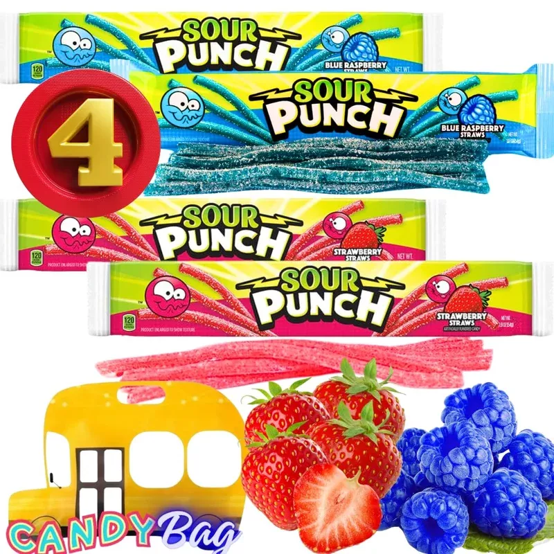 (Pack Of 4) Sour Straws Punch – 4 Extra Large Trays Of 2 Flavors – Blue Raspberry And Strawberry – Comes With One Bus Resealable